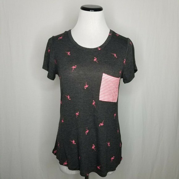 Self Esteem Charcoal Gray Tee Flamingo Pocket Top - Picture 1 of 8